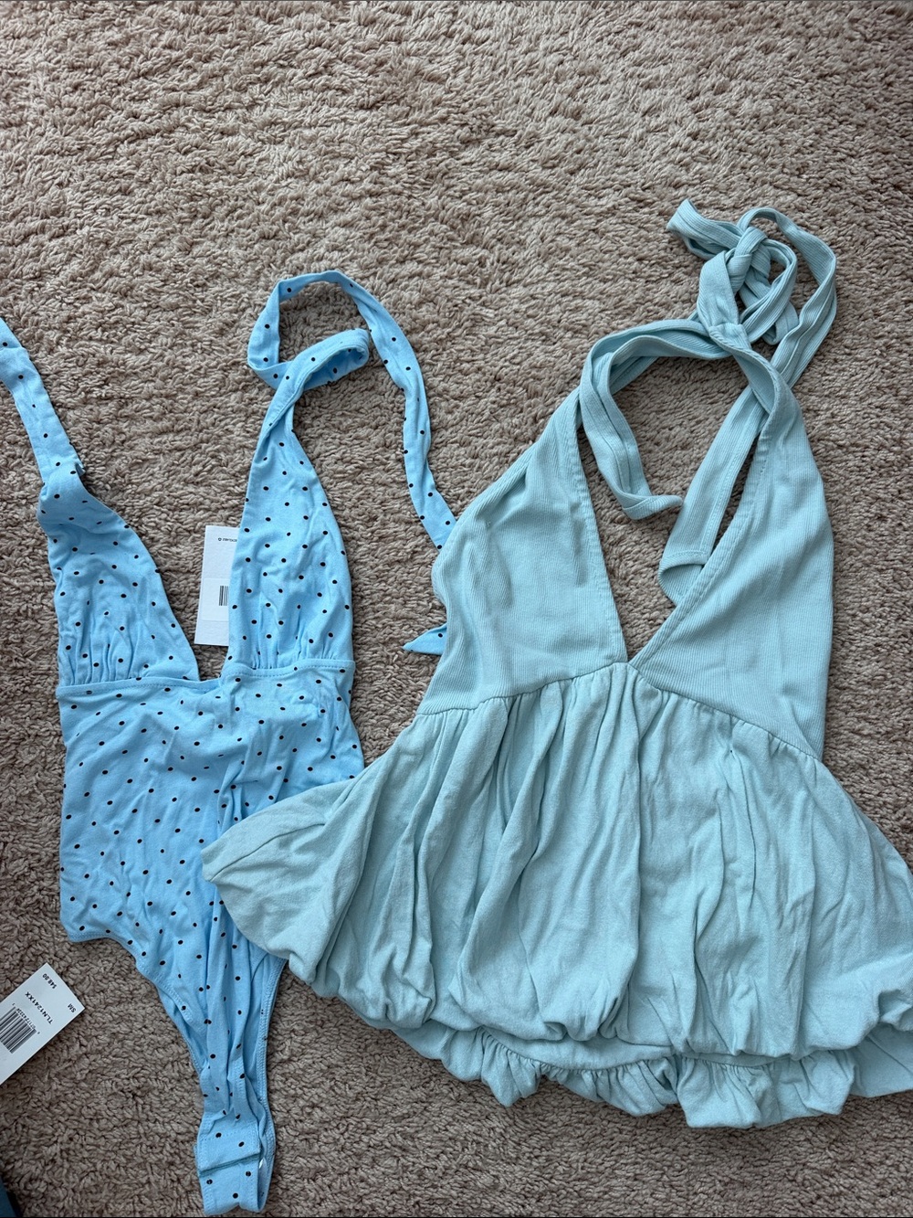 Free People Light Blue Polka Dot Bodysuit & Halter Babydoll Top